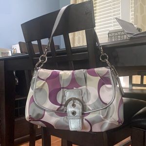 Purple/Silver Coach satin Soho bag